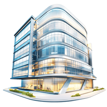 glass office building with a curved architectural design png