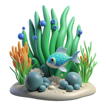 dramatic traditional Undersea Scene 3D Cartoon Fish and Seaweed original png