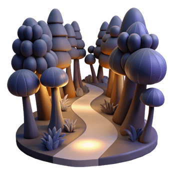 dramatic creative Enchanted 3D Forest Path Cartoon Trees, Mushrooms, Night Scene high quality png