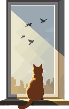 A brown cat sitting on a windowsill gazing at flying birds in a minimalistic illustration vector