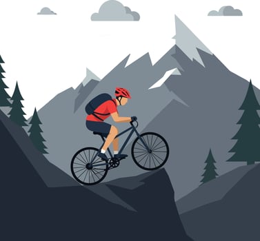 A mountain biker in a red helmet and jersey navigating a steep rocky trail amidst towering pine trees in a minimal illustration vector
