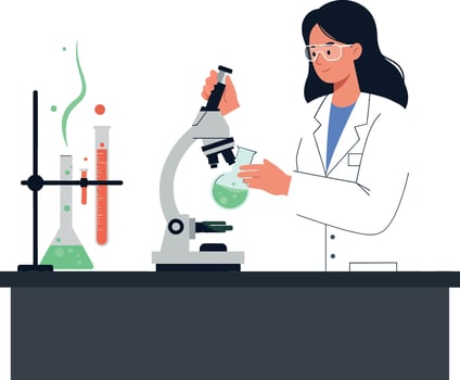 Female scientist in a laboratory conducting experiments with a microscope and green liquids in test tubes, flat art vector