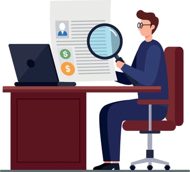 A focused man in professional attire examining a document with a magnifying glass at his desk in a minimal illustration vector