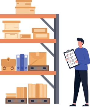 Warehouse worker inspecting shelves filled with boxes and files in a minimal illustration style showcasing organization and productivity vector