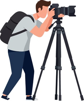 A photographer capturing a moment with a DSLR camera on a tripod in a flat illustration style vector