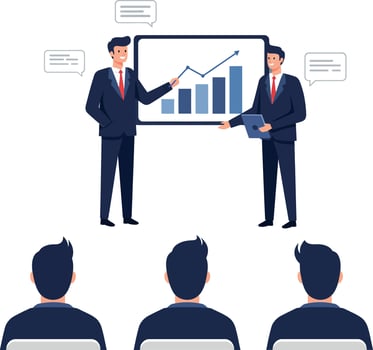 Two business professionals presenting a growth chart in a meeting room with engaged audience, flat illustration vector