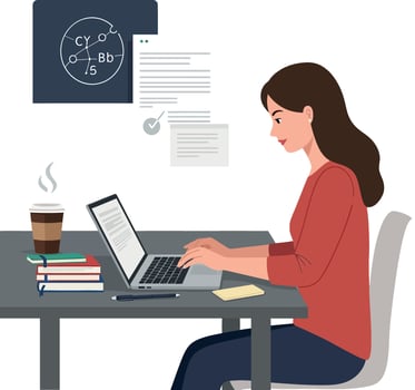 A woman with long brown hair working diligently at a desk with a laptop in a minimal illustration style vector