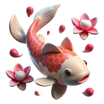 elegant artistic Koi Fish and Lotus Flowers 3D Render detailed png