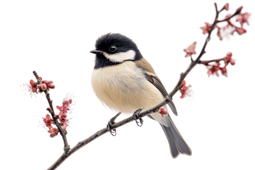 Small bird perched on a branch with pink blossoms during spring season png