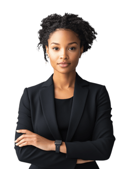 Confident businesswoman dressed in professional attire with arms crossed png