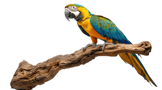 Colorful macaw perched on a branch with vibrant plumage and striking features png