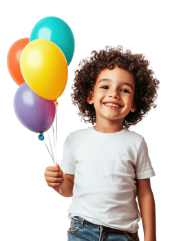 Joyful child holding colorful balloons and smiling brightly in a cheerful atmosphere png