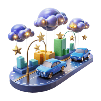 vibrant vintage Night Cityscape 3D Render of Cars, Clouds, and Stars exclusive png