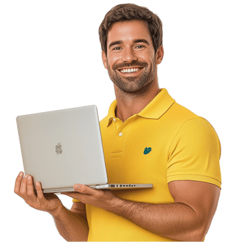 Smiling man wearing a yellow polo shirt while holding a silver laptop png