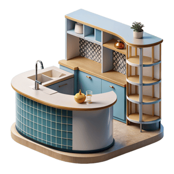 vibrant modern Modern Kitchen Island Design Curved Counter, Blue Tiles, Open Shelving professional png