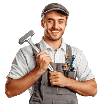 Happy construction worker wearing a gray uniform and holding a hammer png