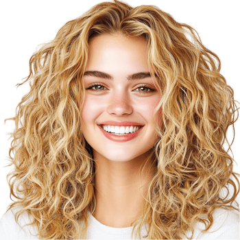Cheerful young woman with voluminous golden curls and blue eyes png