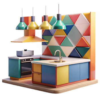 vibrant modern Colorful Kitchen Design Geometric Tiles Pendant Lights original png