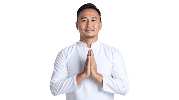 A man in a white koko shirt, hands together in a peaceful gesture png