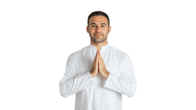 A Muslim man in a white koko shirt, hands clasped in prayer png
