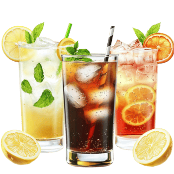 Reing cold beverages with lemon slices and mint leaves in tall glasses png