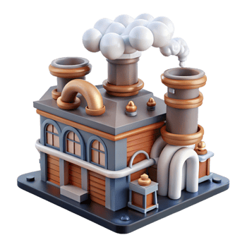 serene modern 3D Model Cartoon Factory with Smoke Stacks professional png