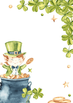 St Patricks day Square vertical Frame, Border. Card Template with a cute Leprechaun cartoon character sitting in a Pot of Gold adorned with Lucky Shamrock, Clover. Hand drawn Watercolor illustration png