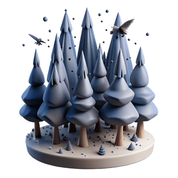 magnificent rustic Winter Forest Scene Snowy Trees, Flying Birds, 3D Render 4K png