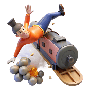 beautiful contemporary 3D Cartoon Train Mishap Man Falls, Exploding Balls authentic png