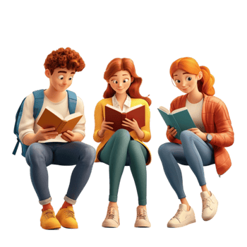 Three young students sitting together reading books and studying png