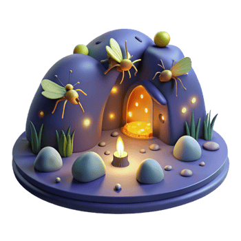 magnificent artistic Enchanted Firefly Cave 3D Render of Magical Night Scene professional png