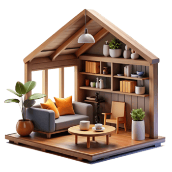 wonderful artistic Cozy Wooden House Interior Design Living Room with Sofa, Plants, and Bookshelf professional png