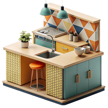 serene abstract Mid-Century Modern Kitchen Island Design Geometric Tiles Honeycomb Accents high resolution png