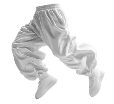 White baggy pants in motion with white sneakers, showcasing dynamic style png