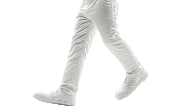Walking in white shoes and pants, showcasing modern style and comfort png