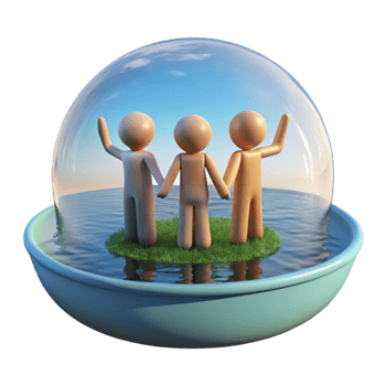 wonderful abstract Safeguarding Unity Three Figures on an Island within a Protective Sphere high quality png