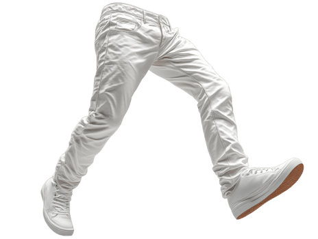 White jeans and sneakers in mid air, showcasing dynamic movement png