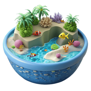 vibrant traditional Miniature Tropical Ocean Scene Fish, Coral, and Palm Trees professional png
