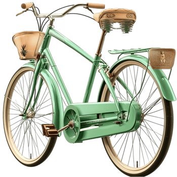 Vintage green bicycle with a wicker basket attached to the handlebars png