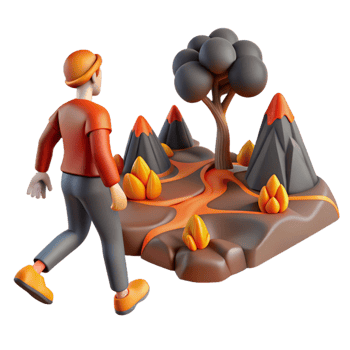 elegant minimalist 3D Cartoon Person Walking Towards Volcanic Landscape premium png
