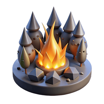 dramatic traditional Campfire Scene 3D Render of Ember, Flames, and Trees high resolution png