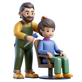 beautiful minimalist 3D Cartoon Barber Giving Haircut authentic png