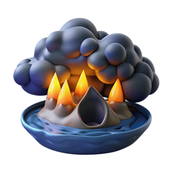 wonderful minimalist Volcanic Eruption 3D Model Dark Clouds, Fiery Peaks, Water genuine png