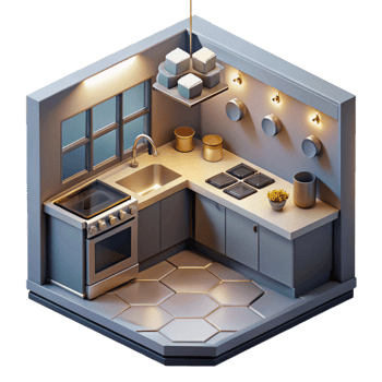 stunning abstract Modern Kitchen Design Isometric 3D Rendering high quality png
