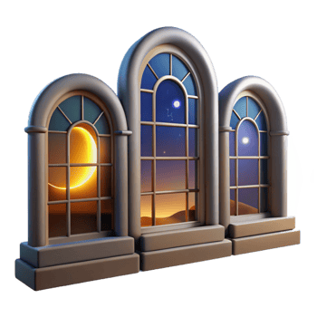 magnificent minimalist Triple Arch Windows Night Sky, Crescent Moon, Desert Sunset premium png