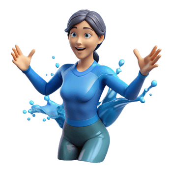 elegant rustic 3D Animated Woman, Water Splash, Activewear professional png