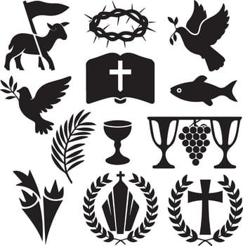 a set of religious symbols including a cross, dove, olive branch, olive branch, dove, vector