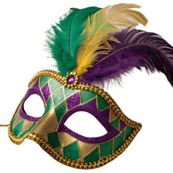 Harlequin Mardi Gras Mask with Beaded Embellishments and Vibrant Feather Accents png