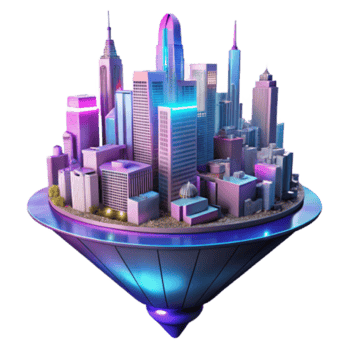 serene traditional Neon Cityscape on a Spinning Top Futuristic Urban Model premium png