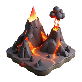 dramatic classic Volcanic Island 3D Model Erupting Lava and Ash authentic png